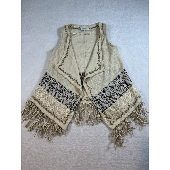 Miss Me Jackets & Blazers - Miss Me Open Fringe Vest Cream Multicolored Aztec Print Band Accent Fringe Hem M